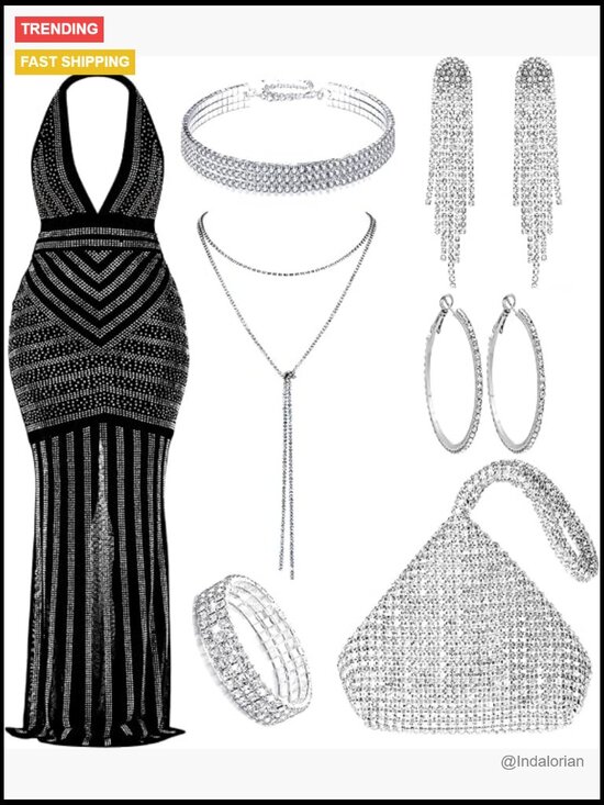 Accessories - 7-Piece Evening Rhinestone Jewelry Set with Dress, Clutch, Bracelet, Necklaces,